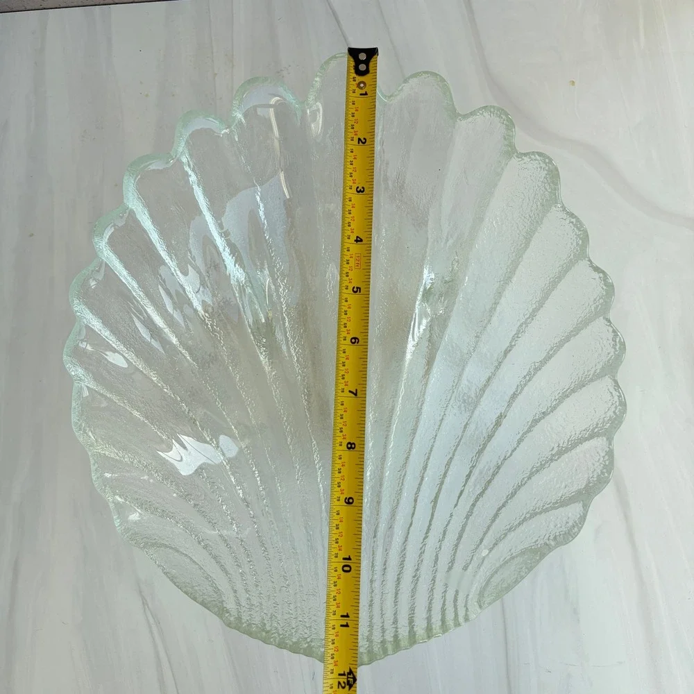Vintage Textured Clear Glass Scalloped Large Shell Bowl Coastal Decor 12in